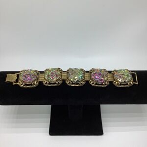 Vintage Judy Lee Gold Tone Carnival Glass Link Bracelet 5 Panel Squares